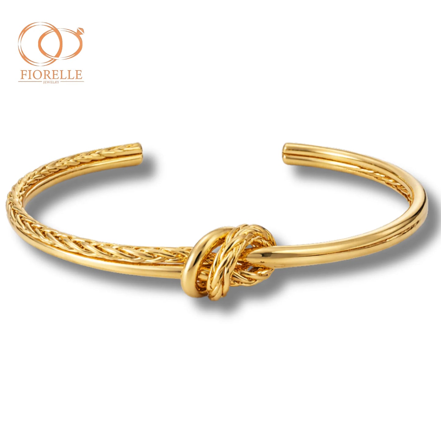 Brazalete Abierto Dorado con Nudo Central y Detalle Trenzado