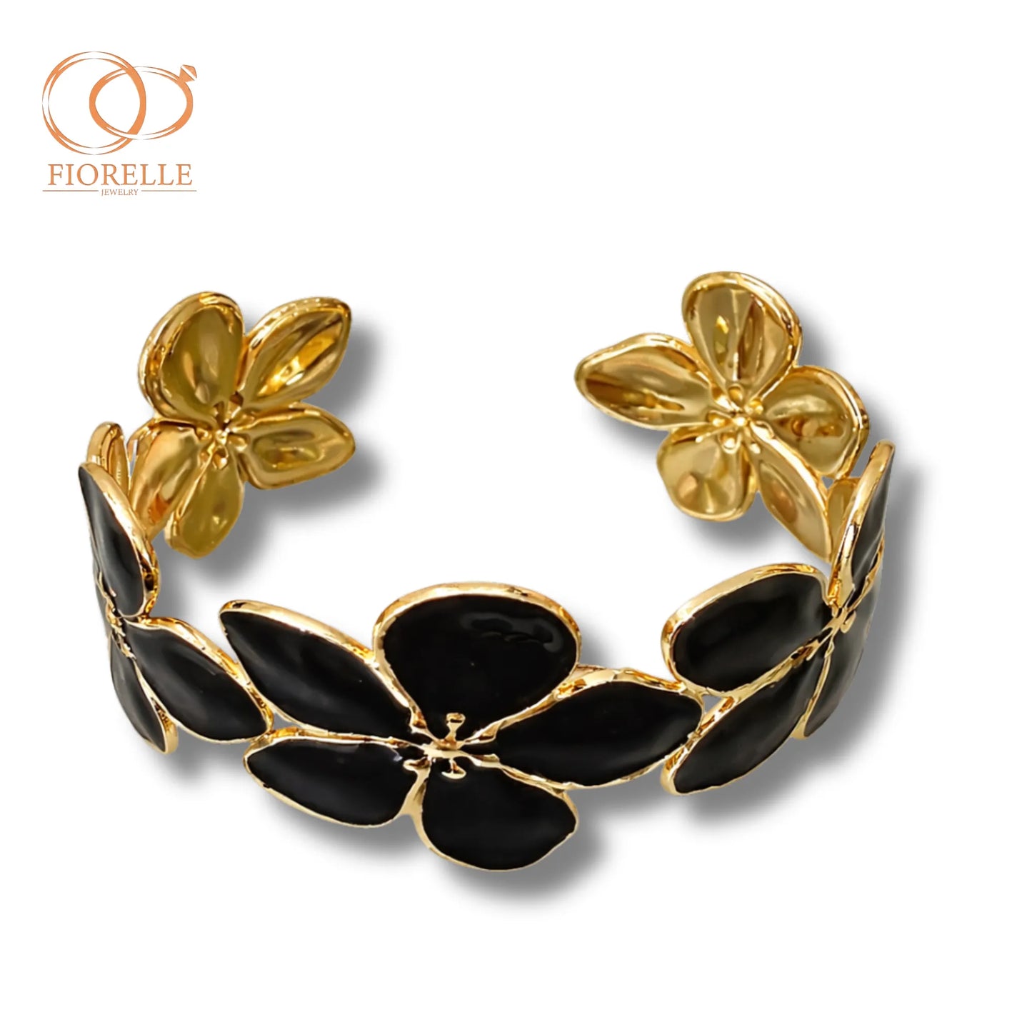 Brazalete Abierto Floral Negro y Dorado