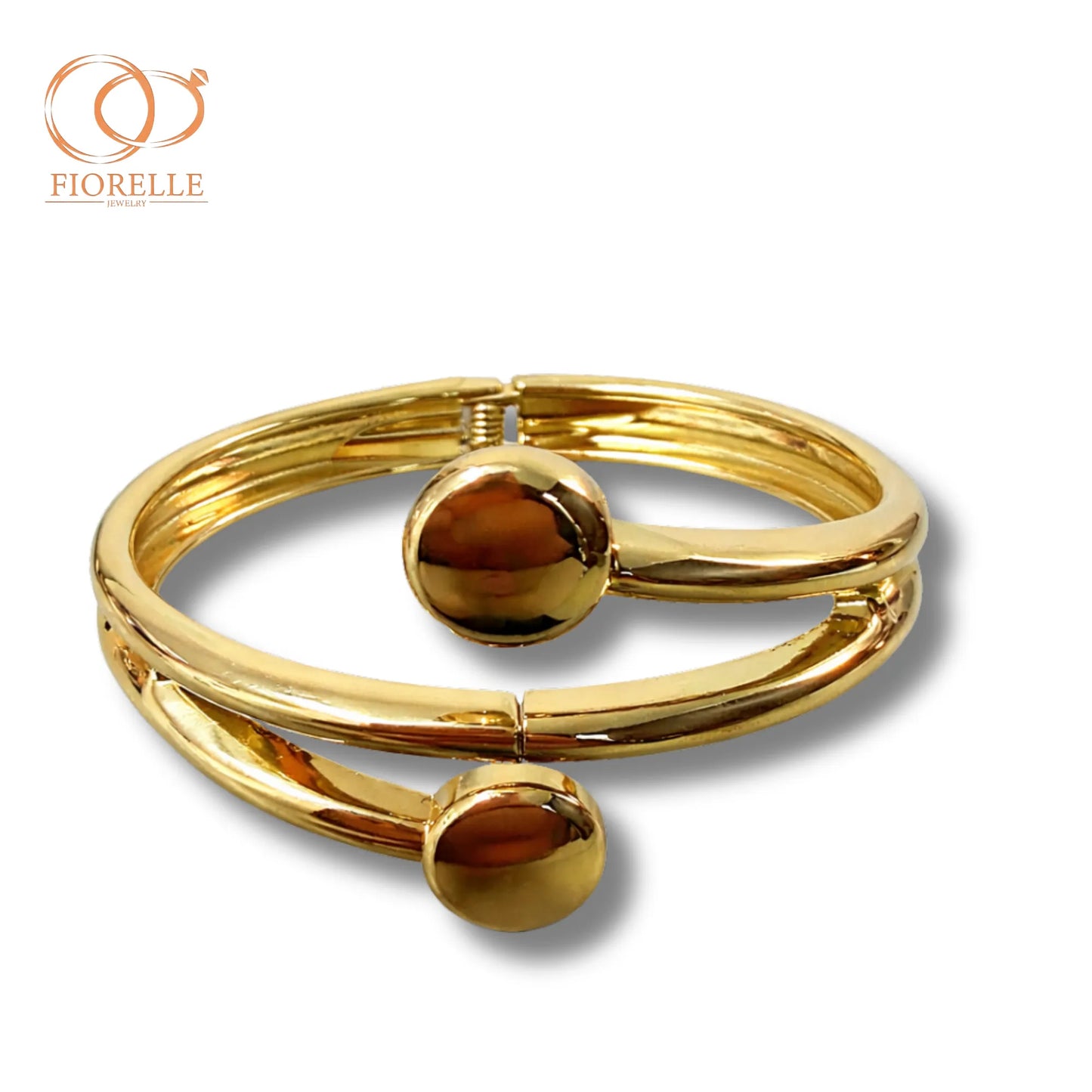 Pulsera Brazalete Doble Aro con Esferas Doradas