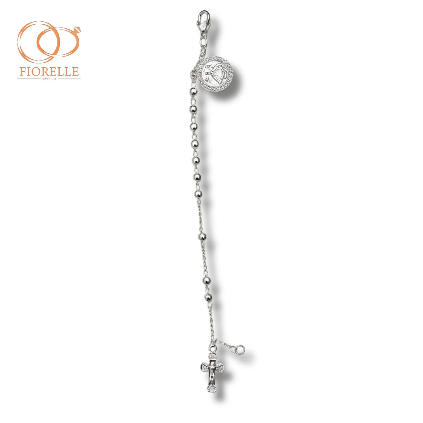 Pulsera Rosario Plateado con Medalla y Cruz