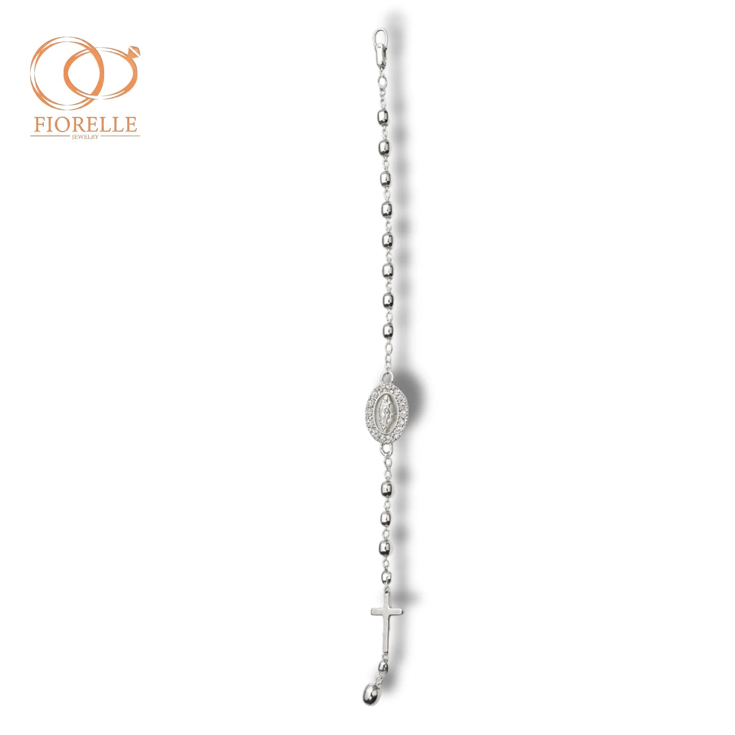Pulsera Rosario Plateado con Medalla Oval y Cruz Minimalista