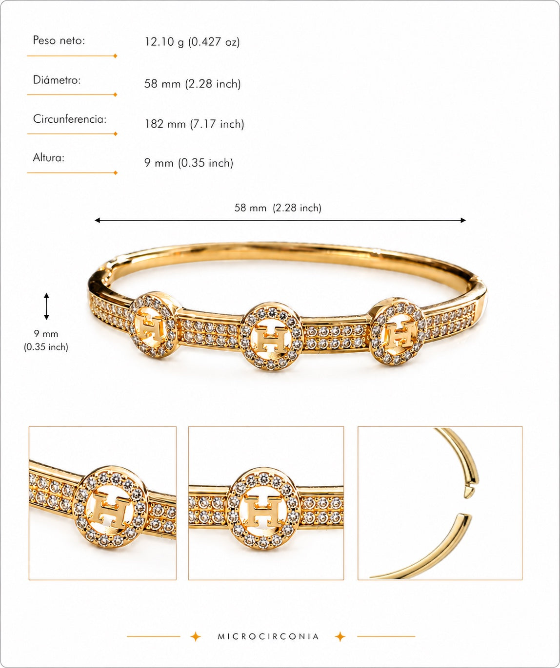 Brazalete Dorado de Microcirconia con Motivos Enmarcados