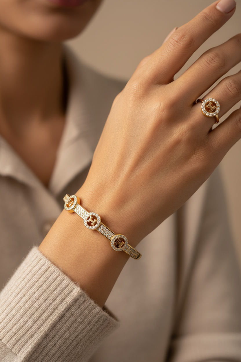 Brazalete Dorado de Microcirconia con Motivos Enmarcados