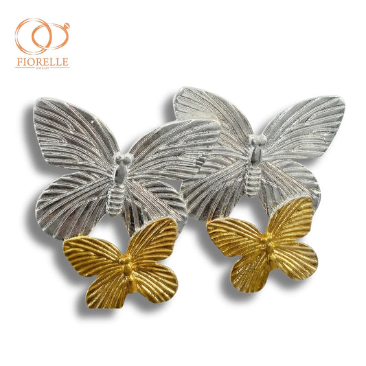Aretes Doble Mariposa Relieve Bicolor