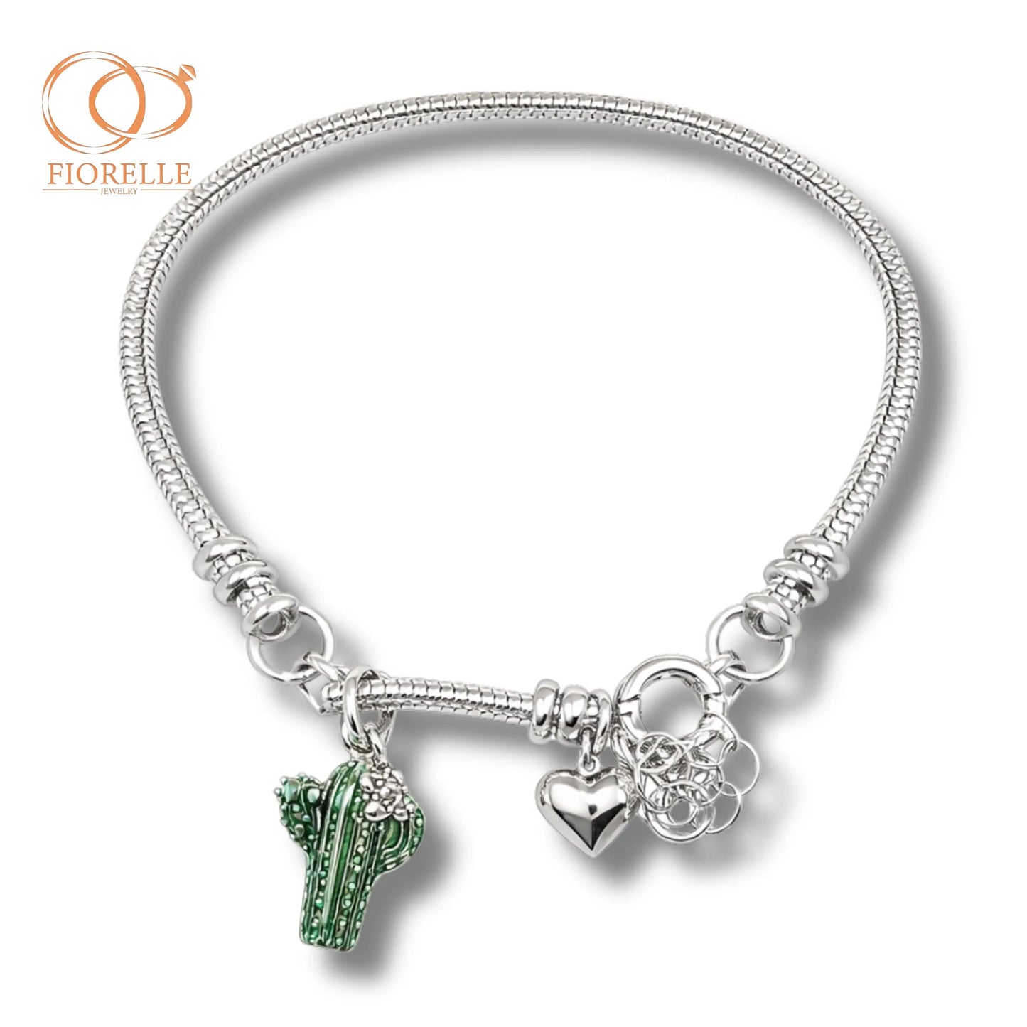 Pulsera Cadena Snake con Dijes Cactus y Corazón