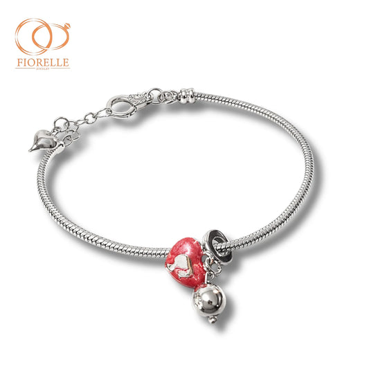 Pulsera Plateada Tipo Cadena Snake con Charm Corazón Rojo y Dije Esfera