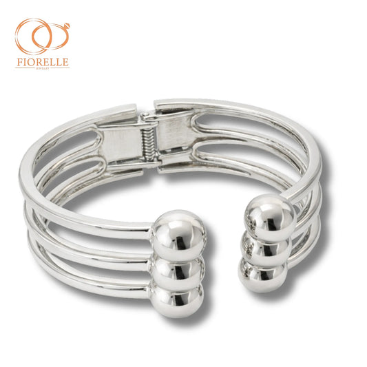 Pulsera Brazalete Rígido Multibanda Plateado con Esferas